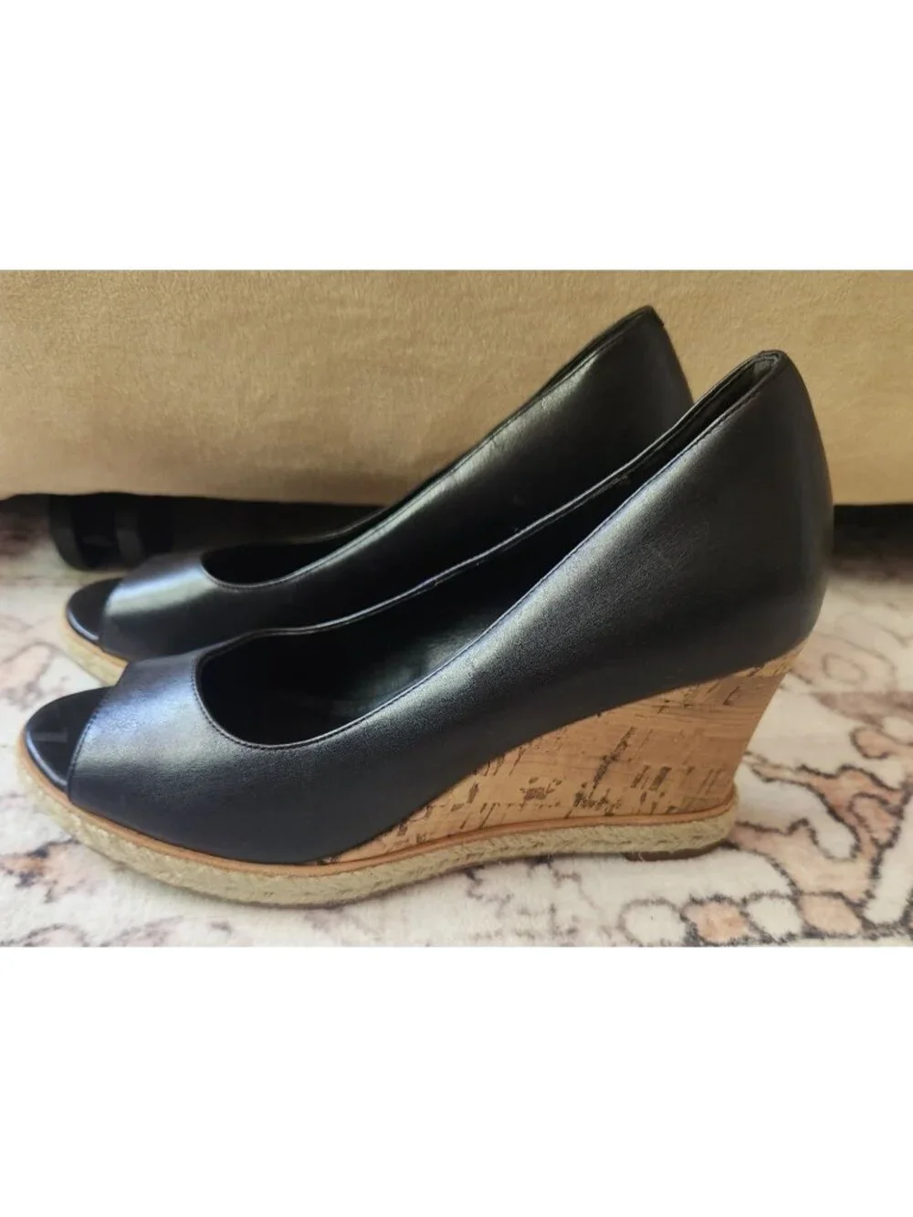 Cole Haan Women's Sz. 7.5 Black Leather Peep Toe Wedge Sandals - Picture 1 of 7